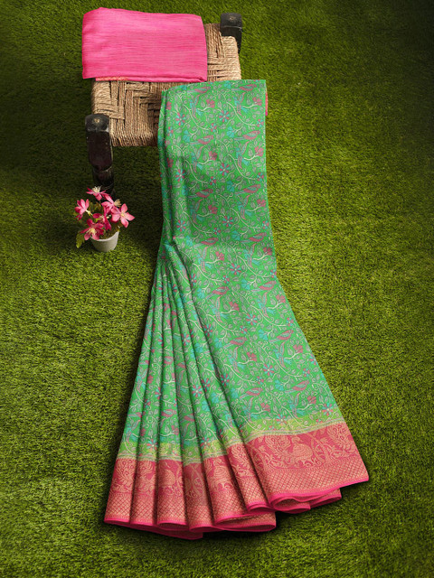 

KLM Fashion Mall Green & Pink Floral Zari Silk Blend Saree