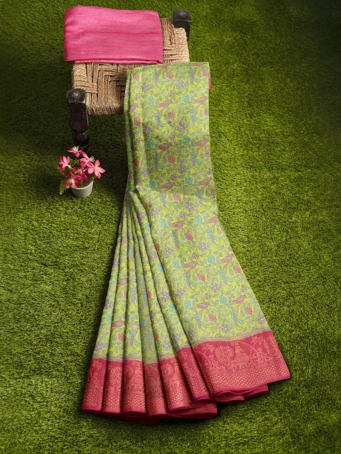 

KLM Fashion Mall Yellow & Fuchsia Floral Zari Silk Blend Saree