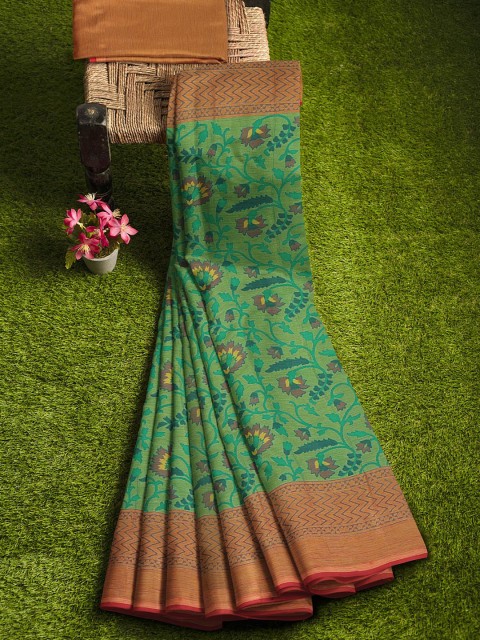 

KLM Fashion Mall Green & Orange Floral Silk Blend Saree