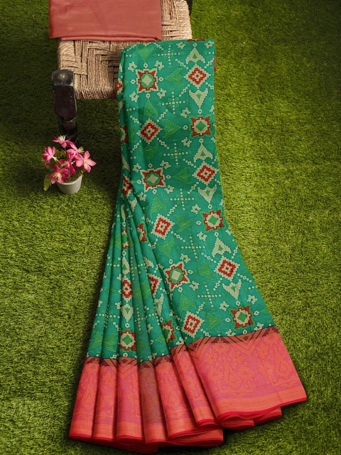 

KLM Fashion Mall Green & Fuchsia Ethnic Motifs Silk Blend Banarasi Saree