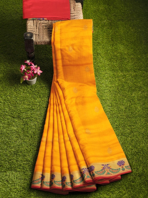 

KLM Fashion Mall Yellow & Red Ethnic Motifs Zari Silk Blend Banarasi Saree