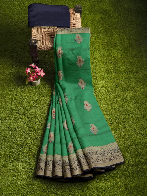 

KLM Fashion Mall Green & Navy Blue Ethnic Motifs Zari Silk Blend Banarasi Saree