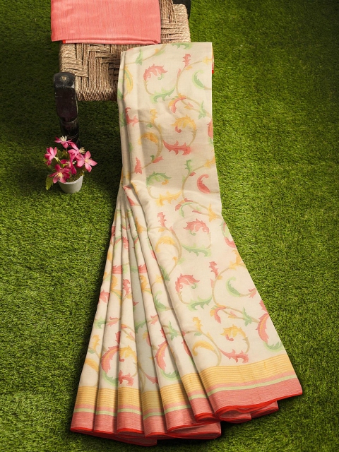 

KLM Fashion Mall Cream-Coloured & Yellow Floral Silk Blend Saree