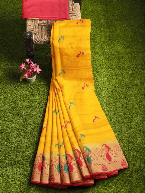 

KLM Fashion Mall Yellow & Red Ethnic Motifs Zari Silk Blend Banarasi Saree