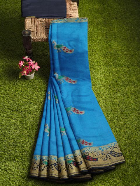 

KLM Fashion Mall Blue & Red Ethnic Motifs Zari Silk Blend Banarasi Saree