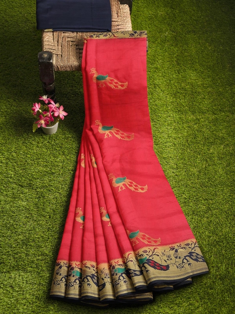 

KLM Fashion Mall Red & Blue Ethnic Motifs Zari Silk Blend Banarasi Saree