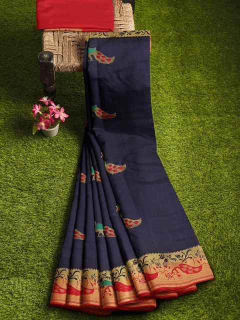 

KLM Fashion Mall Navy Blue & Red Ethnic Motifs Zari Silk Blend Banarasi Saree