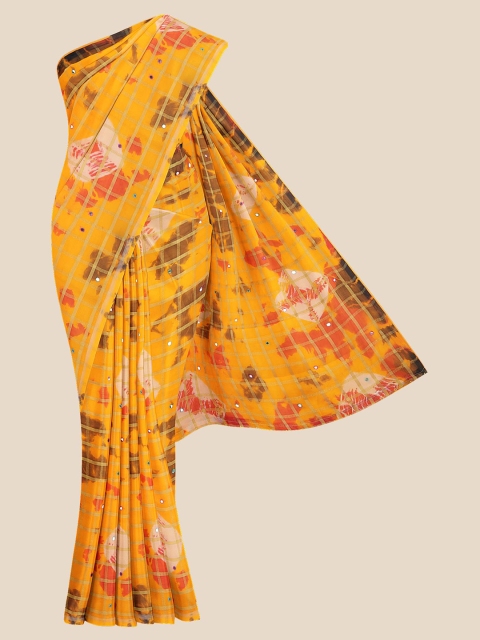 

KLM Fashion Mall Mustard Orange & Brown Dyed Mirror Work Silk Blend Banarasi Saree