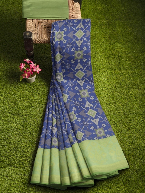 

KLM Fashion Mall Navy Blue & Green Silk Blend Banarasi Saree