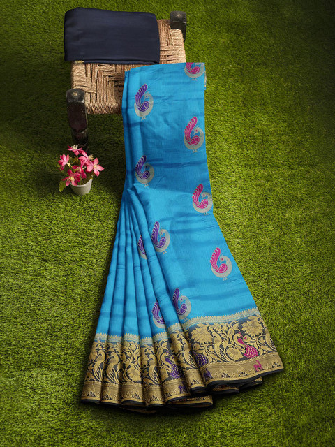 

KLM Fashion Mall Blue & Pink Ethnic Motifs Zari Silk Blend Banarasi Saree