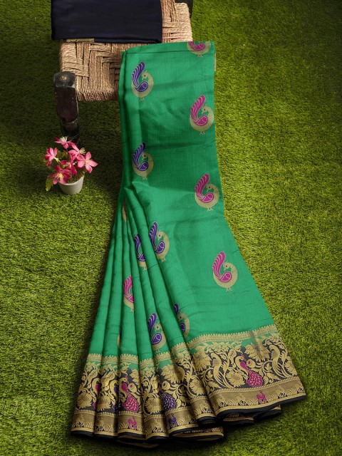 

KLM Fashion Mall Green & Blue Ethnic Motifs Zari Silk Blend Banarasi Saree