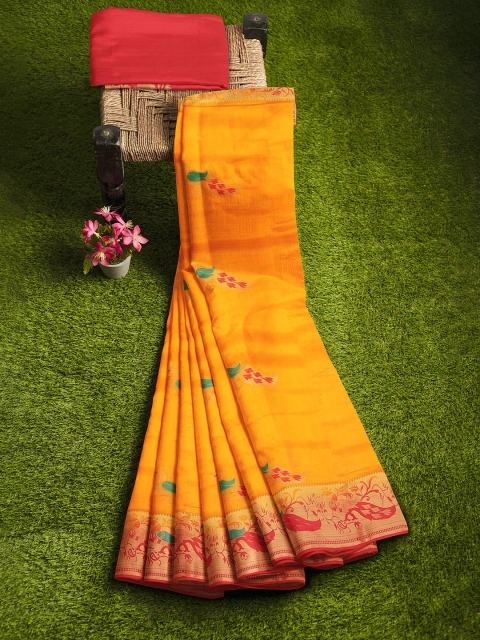 

KLM Fashion Mall Mustard Yellow & Red Ethnic Motifs Zari Silk Blend Banarasi Saree