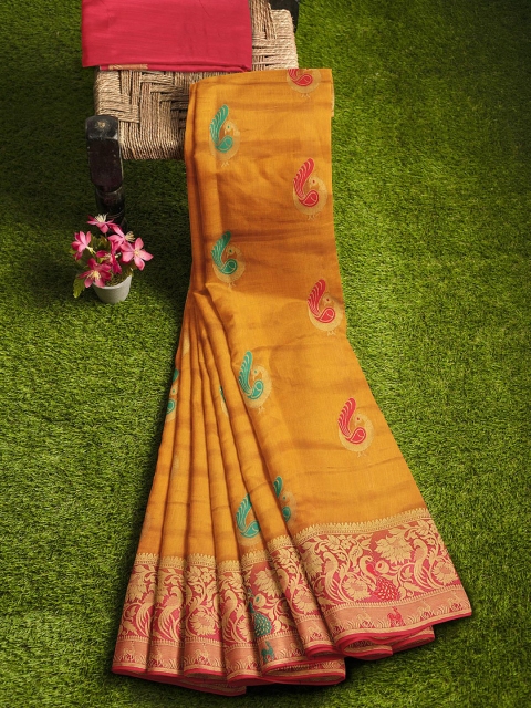 

KLM Fashion Mall Mustard Yellow & Fuchsia Ethnic Motifs Zari Silk Blend Banarasi Saree