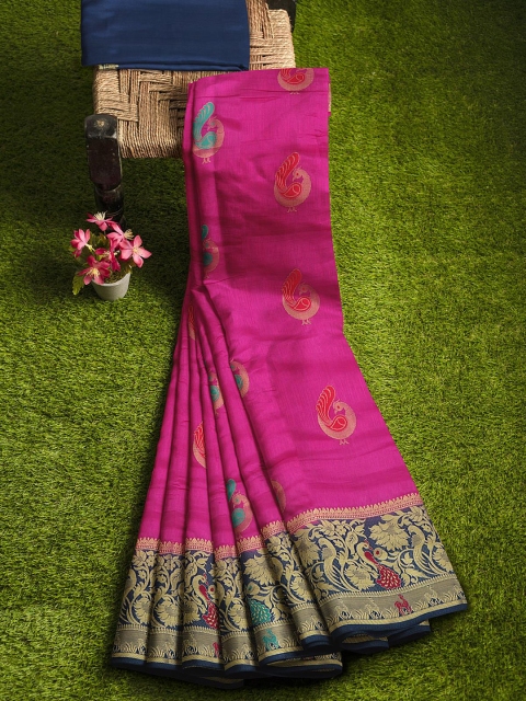 

KLM Fashion Mall Pink & Navy Blue Ethnic Motifs Zari Silk Blend Banarasi Saree