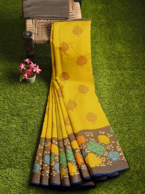 

KLM Fashion Mall Yellow & Brown Floral Silk Blend Saree