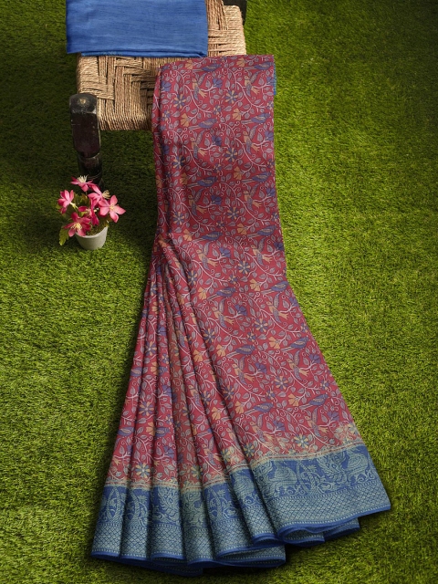 

KLM Fashion Mall Red & Blue Floral Zari Silk Blend Saree