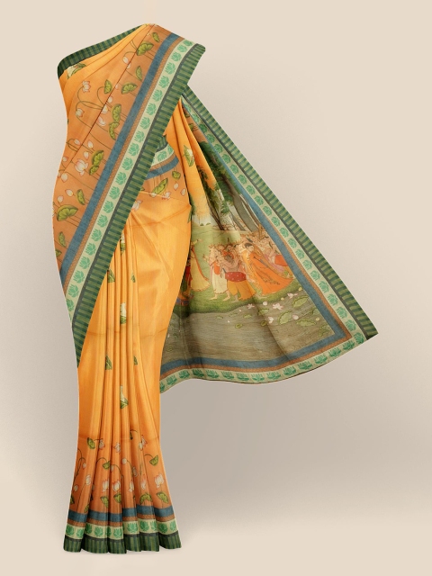 

KLM Fashion Mall Orange & Green Kalamkari Banarasi Saree