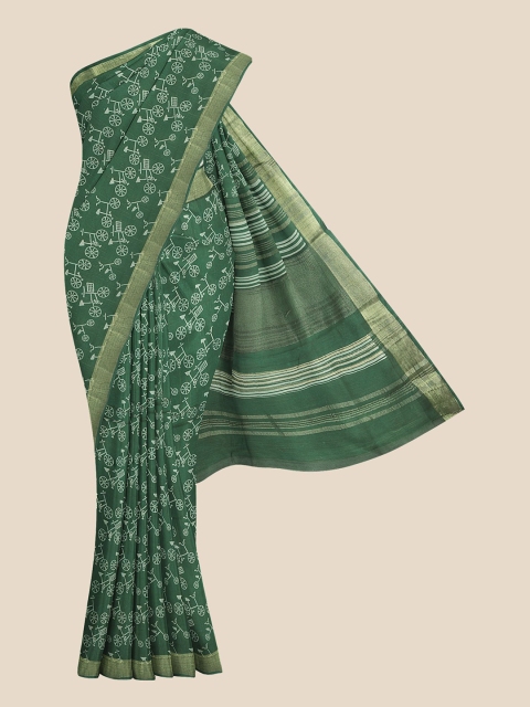 

KLM Fashion Mall Green & White Conversational Printed Silk Blend Saree