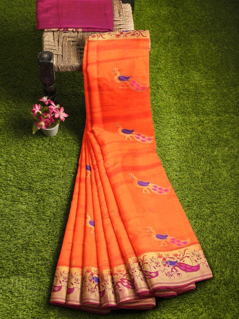 

KLM Fashion Mall Orange & Pink Ethnic Motifs Zari Silk Blend Banarasi Saree