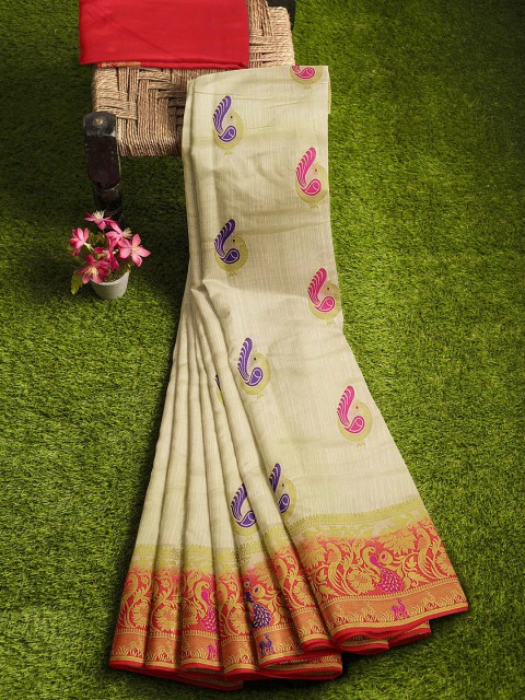 

KLM Fashion Mall Cream-Coloured & Red Ethnic Motifs Zari Silk Blend Banarasi Saree
