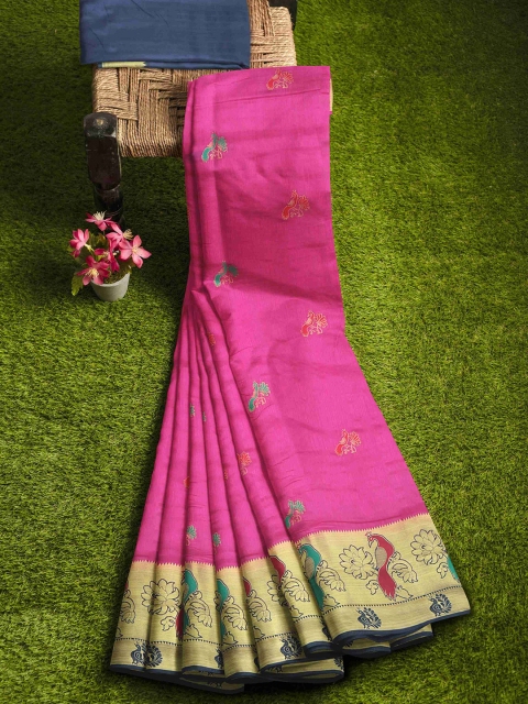 

KLM Fashion Mall Pink & Blue Ethnic Motifs Zari Silk Blend Banarasi Saree