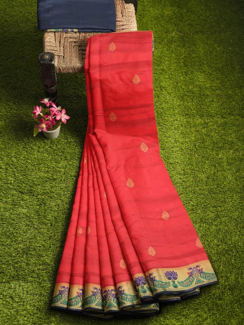 

KLM Fashion Mall Magenta & Blue Ethnic Motifs Zari Silk Blend Banarasi Saree