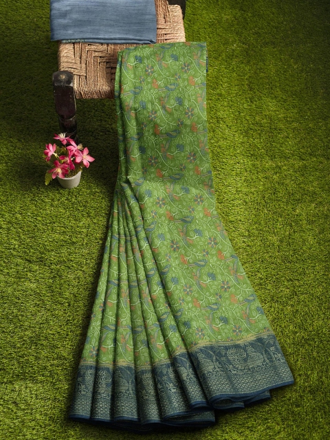 

KLM Fashion Mall Green & Blue Floral Zari Silk Blend Saree