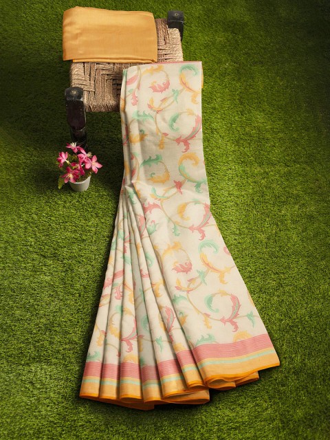

KLM Fashion Mall Cream-Coloured & Yellow Floral Silk Blend Saree