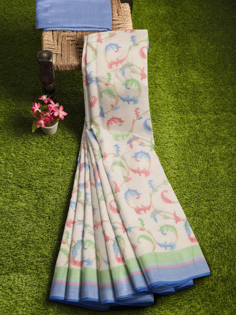 

KLM Fashion Mall Cream-Coloured & Blue Floral Silk Blend Saree