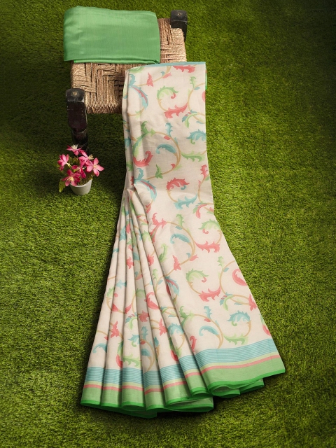 

KLM Fashion Mall Cream-Coloured & Green Floral Silk Blend Saree