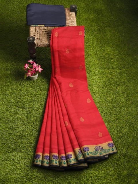 

KLM Fashion Mall Red & Navy Blue Ethnic Motifs Zari Silk Blend Banarasi Saree