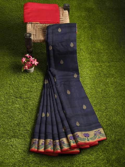 

KLM Fashion Mall Navy Blue & Red Ethnic Motifs Zari Silk Blend Banarasi Saree