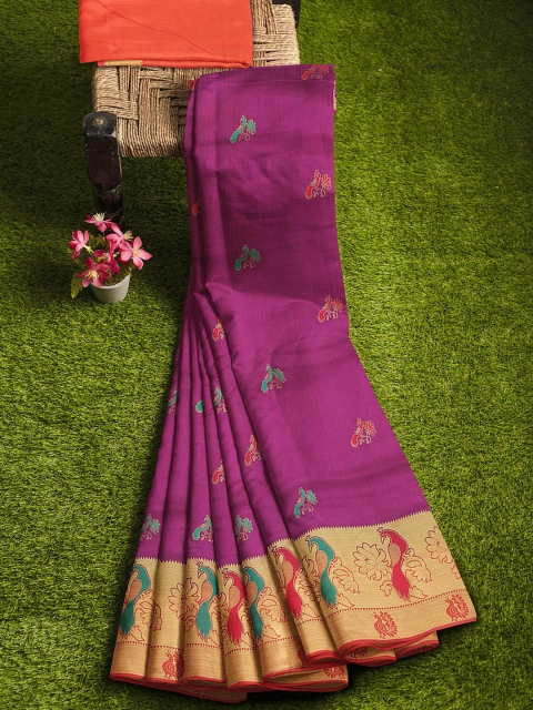 

KLM Fashion Mall Purple & Red Ethnic Motifs Zari Silk Blend Banarasi Saree