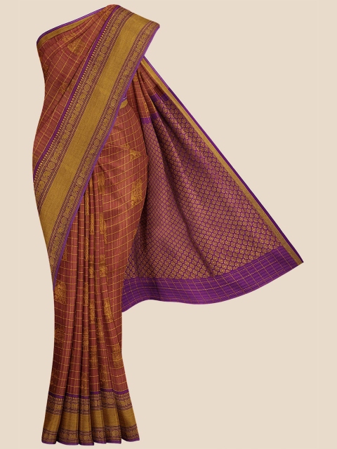 

KLM Fashion Mall Brown & Purple Checked Zari Venkatgiri Saree