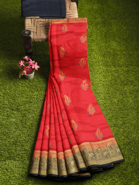 

KLM Fashion Mall Red & Navy Blue Ethnic Motifs Zari Silk Blend Banarasi Saree