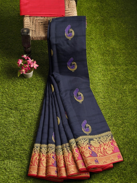 

KLM Fashion Mall Navy Blue & Red Ethnic Motifs Zari Silk Blend Banarasi Saree