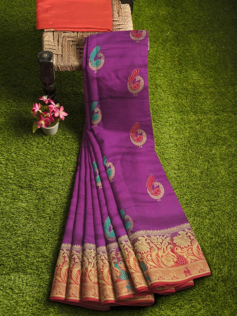 

KLM Fashion Mall Purple & Red Ethnic Motifs Zari Silk Blend Banarasi Saree