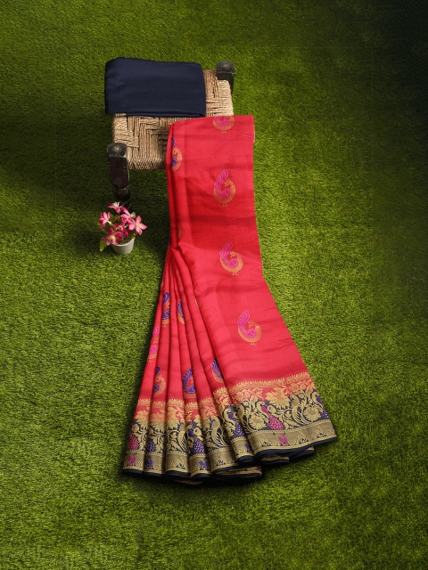 

KLM Fashion Mall Red & Blue Ethnic Motifs Zari Silk Blend Banarasi Saree