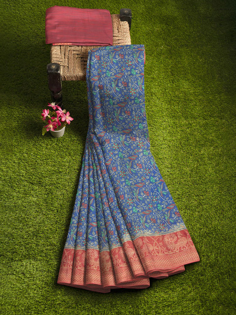 

KLM Fashion Mall Navy Blue & Red Floral Zari Silk Blend Saree