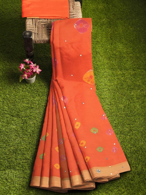 

KLM Fashion Mall Orange & Green Bandhani Mirror Work Silk Blend Banarasi Saree