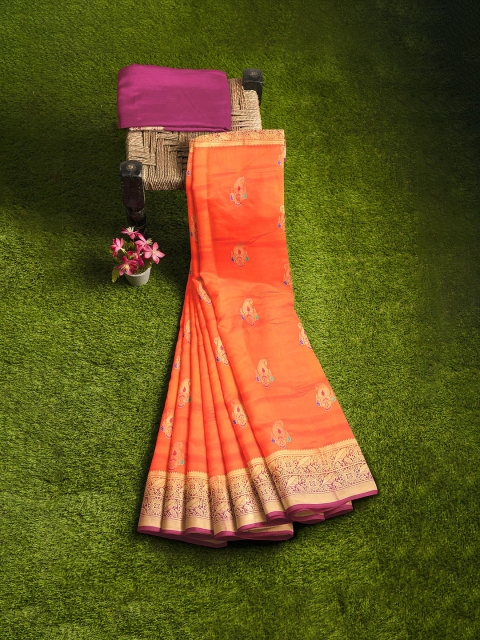 

KLM Fashion Mall Orange & Purple Paisley Zari Silk Blend Banarasi Saree