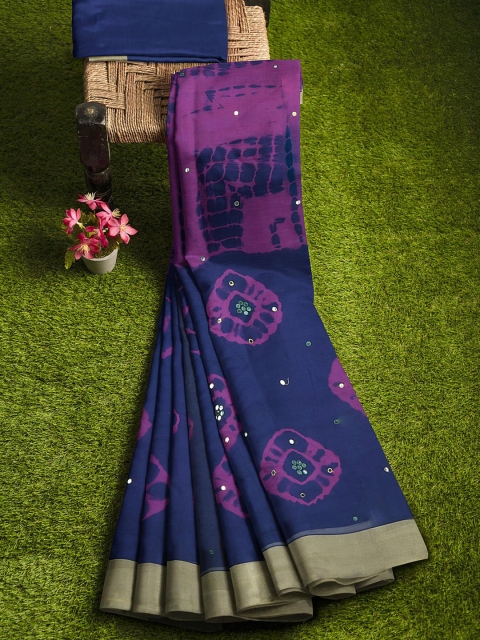 

KLM Fashion Mall Navy Blue & Pink Bandhani Mirror Work Silk Blend Banarasi Saree