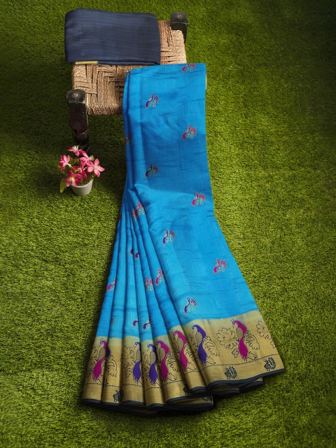 

KLM Fashion Mall Blue & Gold-Coloured Ethnic Motifs Zari Silk Blend Banarasi Saree