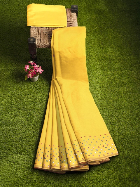 

KLM Fashion Mall Yellow & Red Mirror Work Silk Blend Saree