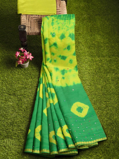

KLM Fashion Mall Yellow & Green Bandhani Mirror Work Silk Blend Banarasi Saree
