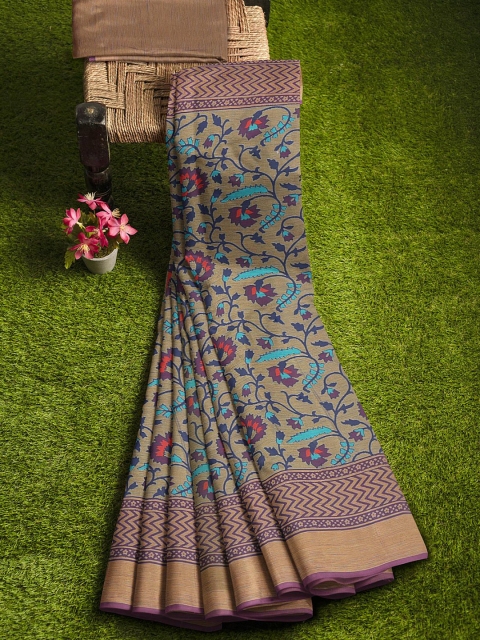 

KLM Fashion Mall Beige & Navy Blue Floral Silk Blend Saree