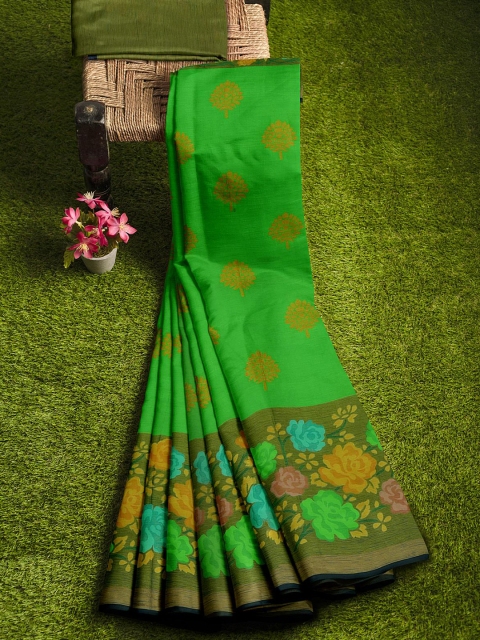 

KLM Fashion Mall Green & Brown Ethnic Motifs Silk Blend Saree