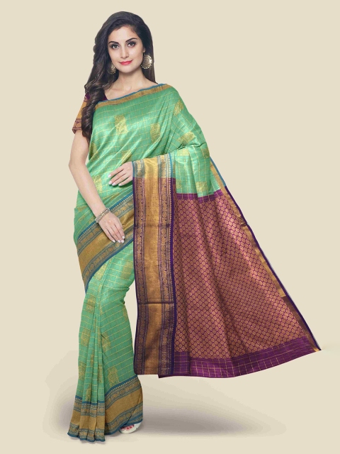 

KLM Fashion Mall Sea Green & Burgundy Checked Zari Venkatgiri Saree