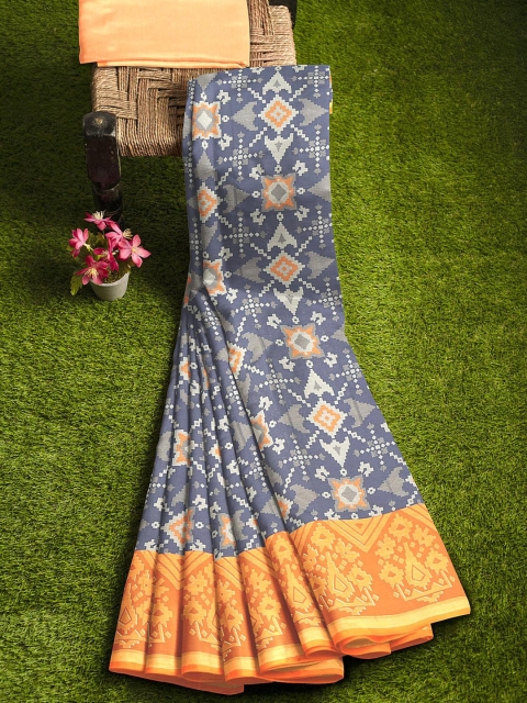 

KLM Fashion Mall Blue & Orange Silk Blend Banarasi Saree