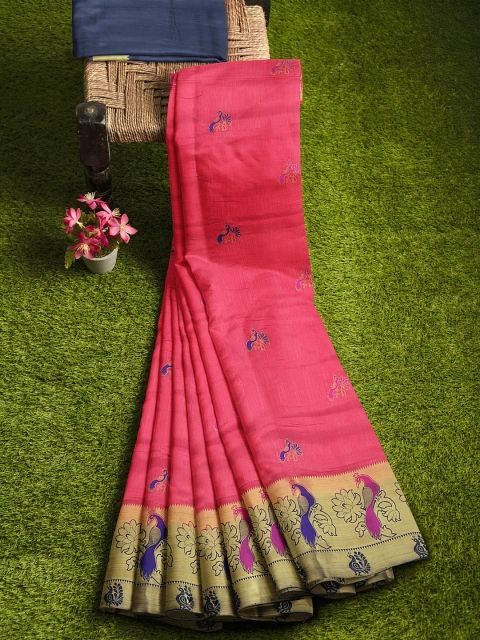 

KLM Fashion Mall Pink & Blue Ethnic Motifs Zari Silk Blend Banarasi Saree